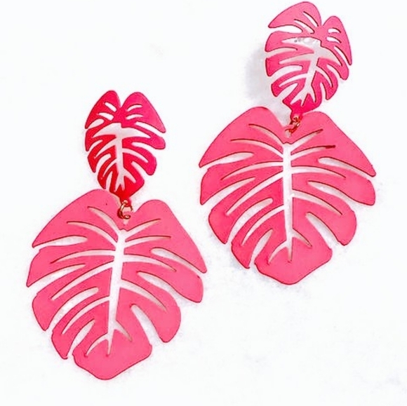 Anthropologie Jewelry - TROPICAL OASIS MATTE HOT CORAL PINK MONSTERA LEAF DROP EARRINGS